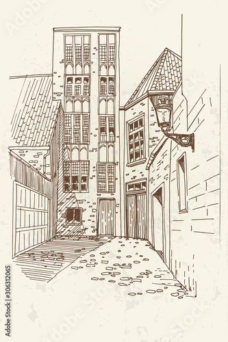 Vector sketch of street scene with traditional architecture in Bruges, Belgium