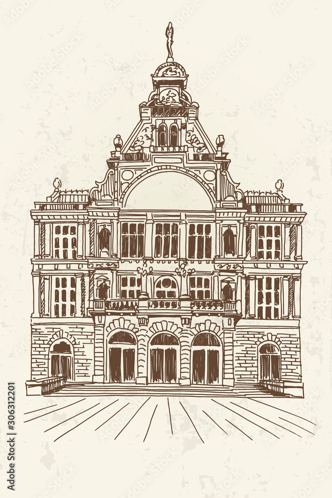 Vector sketch of theater in Ghent, Belgium