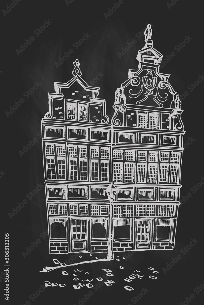 Vector sketch of street scene with traditional architecture in Ghent, Belgium