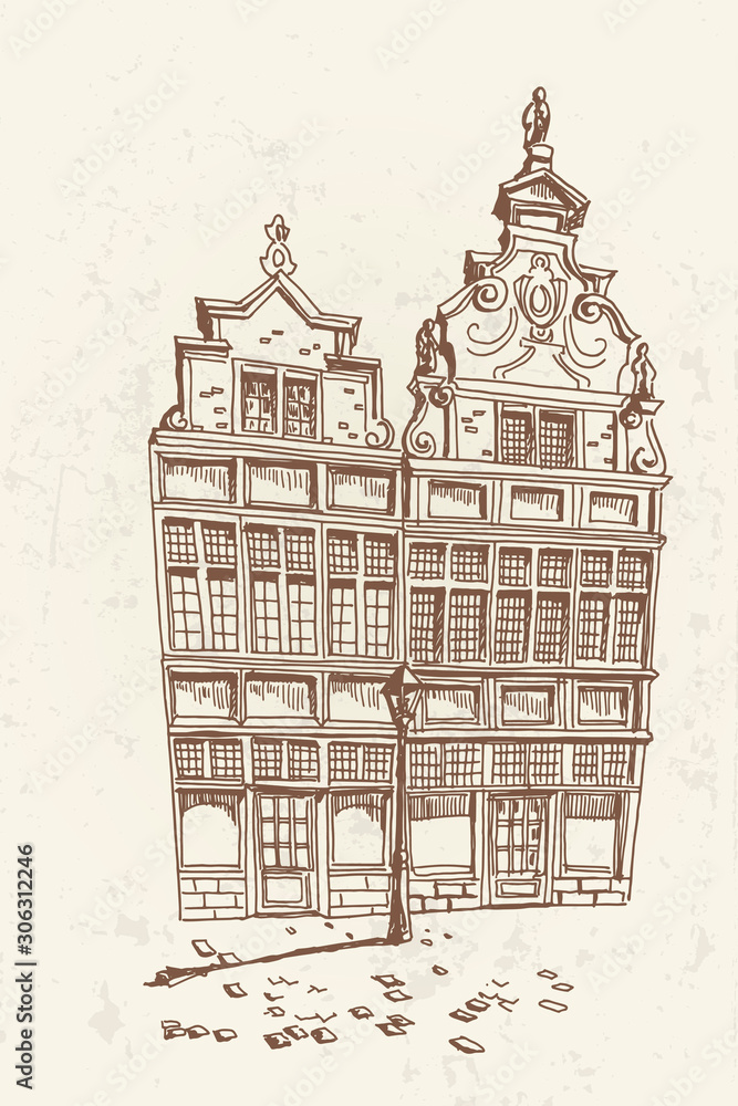 Vector sketch of street scene with traditional architecture in Ghent, Belgium