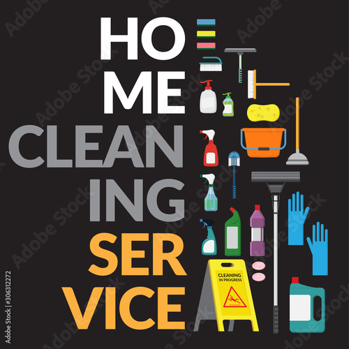 vector set of household supplies cleaning product , tools of house cleaning isolated on black background. template with copy space for text and logo for cleaning service company