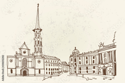 vector sketch of St. Michael square (Michaelerplatz), Vienna, Austria 