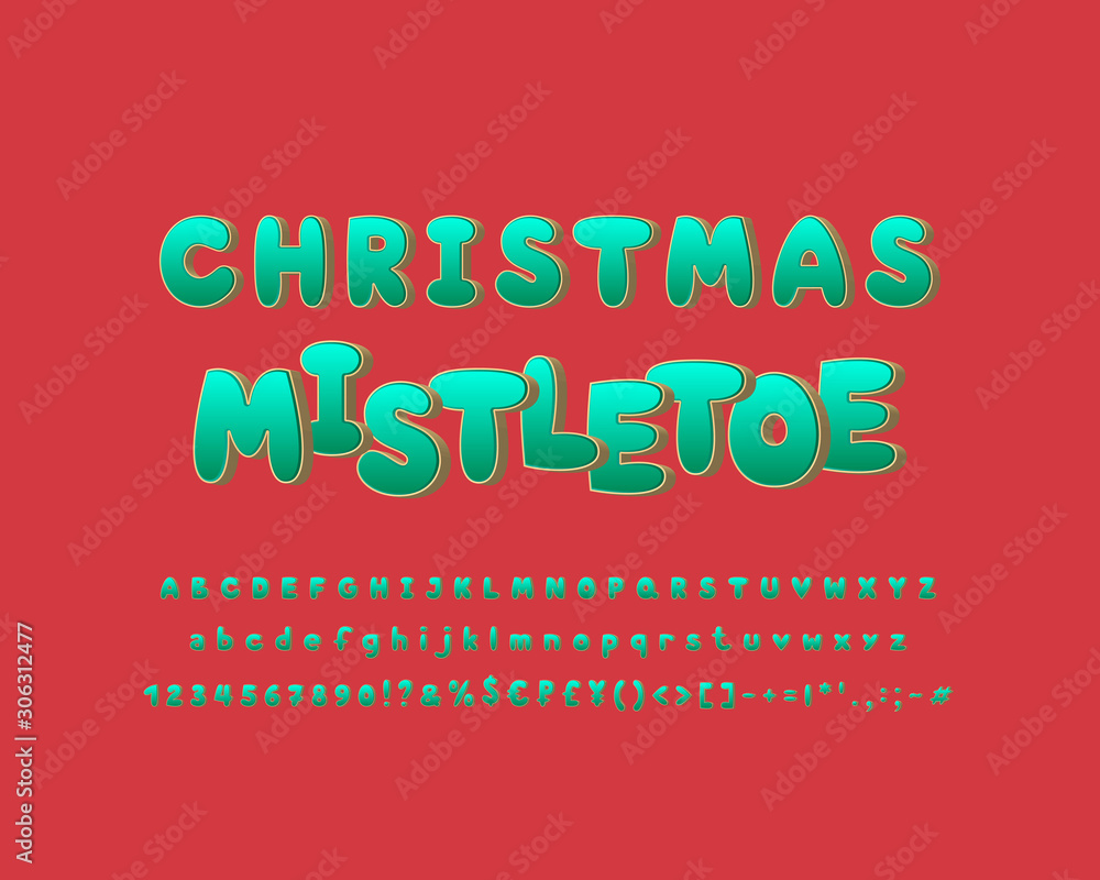 Bright Christmas mistletoe alphabet. Cute vector font with glossy turquoise color palette. Uppercase and lowercase letters, numbers, marks, currency symbols. Golden 3D font for Christmas design