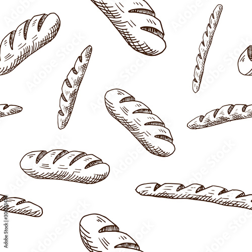 Bakery pattern. Hand drawn bread products on white background. Sketch style. Seamless vector backdrop