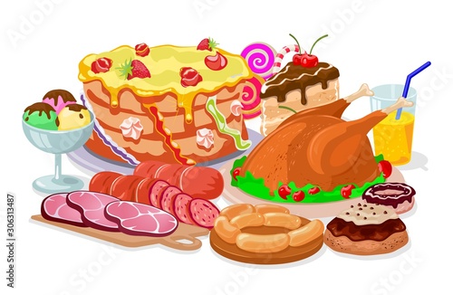 Traditional family Thanksgiving dinner with fried turkey, sausages, ham, cakes, donut, ice cream, juice, candies. Festive table with roasted chicken, sweet pastries, drink. Cartoon vector on white.