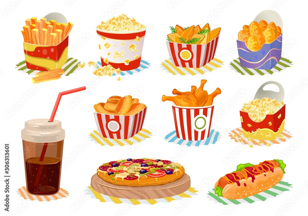 Big vector set with fast food in disposable packing french fries, roasted  chicken leg quarters, sweet and salty popcorn, fried potato wedges, pizza,  hot dog, cola, fruit pies. Cartoon collection. Stock Vector |
