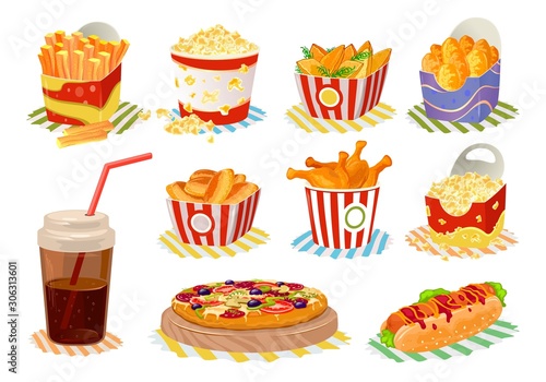 Big vector set with fast food in disposable packing french fries, roasted chicken leg quarters, sweet and salty popcorn, fried potato wedges, pizza, hot dog, cola, fruit pies. Cartoon collection.
