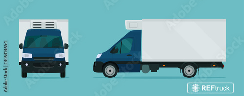 Refrigerated truck. Side and front view. Vector flat style illustration.
