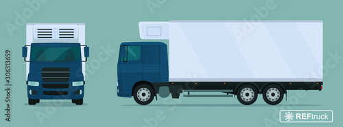 Refrigerated truck. Side and front view. Vector flat style illustration.