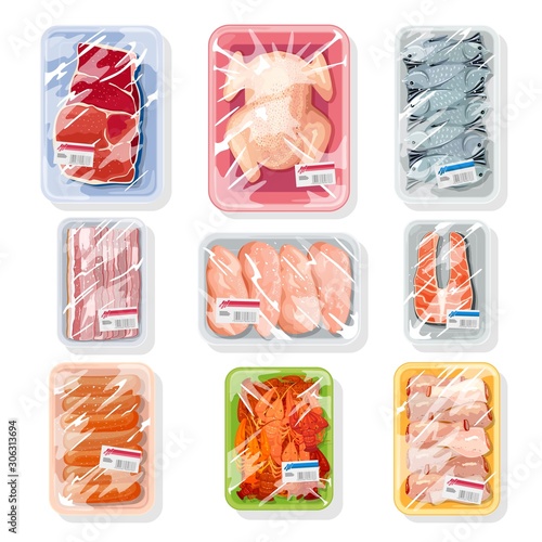 Big vector set with meat, poultry, seafood on plastic trays covered with polyethylene kitchen saran film. Vacuum packaging for storage, transportation of chicken, crawfish, beef steak, sausages.