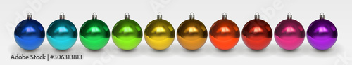 Set of beautiful multicolor shiny Christmas balls with reflection. Blue, red, yellow, green, gold shades. Christmas decoration for festive mood. Desidn element isolated on white. 3D realistic vector