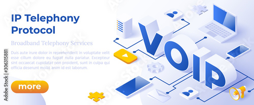 VOIP IP Telephony Services - Isometric Vector Concept Illustration. Voice Over IP or Internet Protocol Technology Background or Landing Page. Network Phone Call Software.