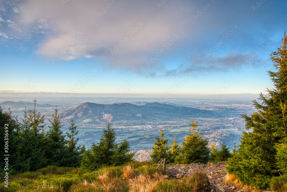 View of Celadna and Ondrejnik in autumn from Smrk mountain View of Celadna and Ondrejnik in autumn from Smrk mountain