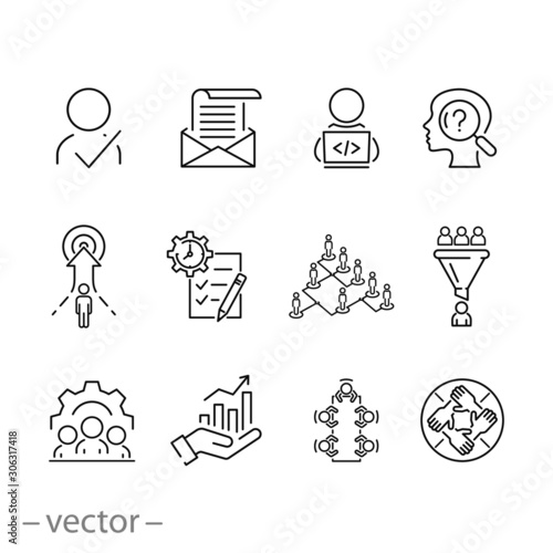 outline business career employee icon set, job corporate hiring, work professional  leadership, team recruit, candidate search, vector thin line web symbols on white background