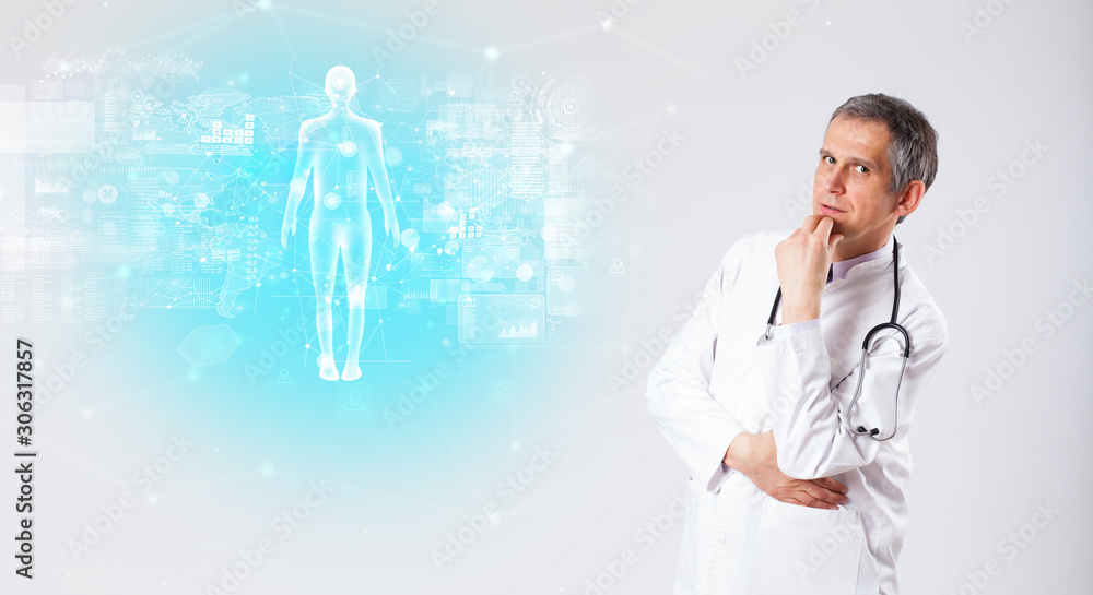 Middle aged scientist with full body map concept Middle aged scientist with full body map concept