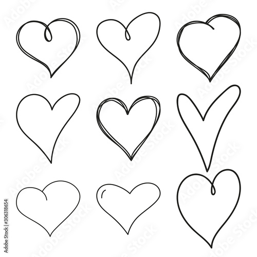 Set of black scribble hand drawn hearts. Vector collection of hearts for Valentines Day sweethearts.