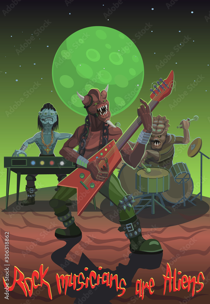 Rock musicians aliens came to a musical duel to show their abilities by ...