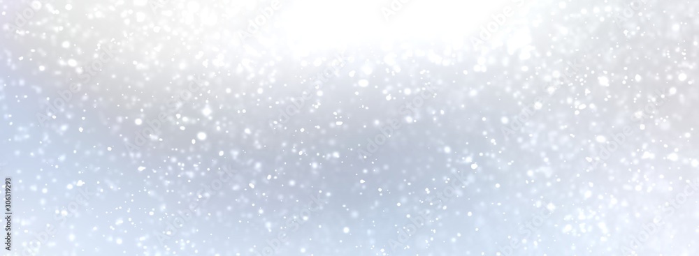 Fototapeta premium White snow on light blue shade background. Silver bright shine abstract banner. Blurred pattern. Subtle abstract texture. Winter outdoor illustration.