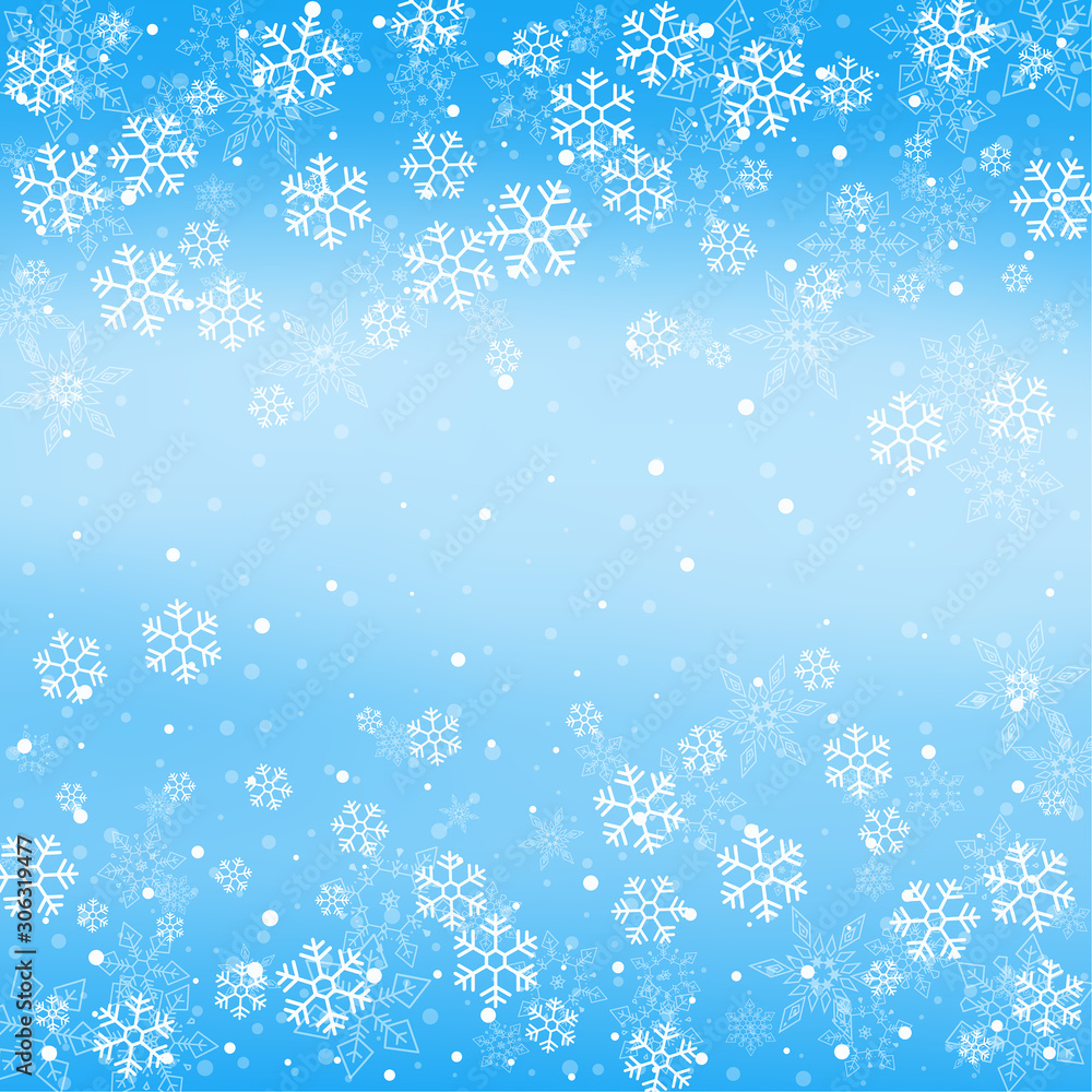 Christmas winter blue background with falling snow and snowflakes. Vector Illustration.