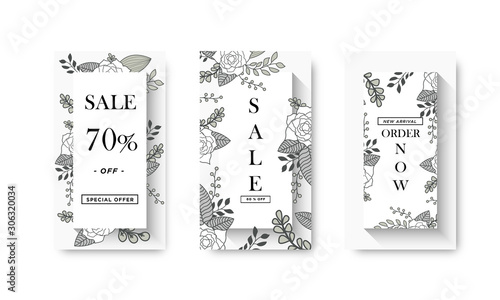 Social Media Story Post Template Set with Line Art Floral Design Layout