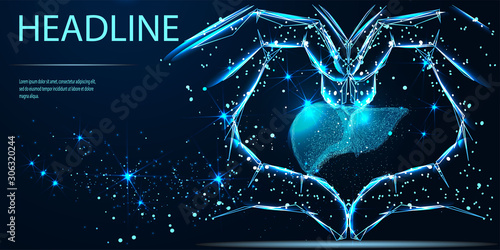 Hands showing heart symbol and Human Liver. Vector low poly wireframe. Futuristic medicine research therapy health analysis laboratory illustration. Headline