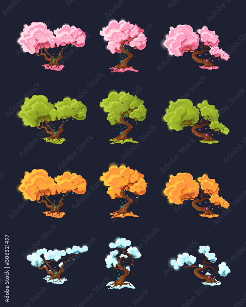 Set cartoon seasonal trees for game scenes. Trees at different times of the  year. Trees in each of the four seasons: spring, summer, autumn, winter.  Stock Vector | Adobe Stock