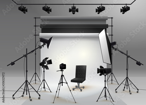 Photography studio vector. Photo studio white blank background with soft box light, camera, tripod, chair and set of backdrop. Vector illustration. Isolated on white background.