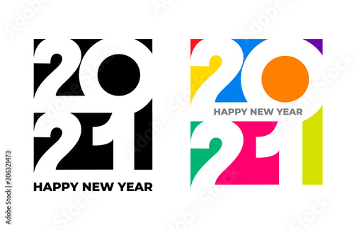 Happy New Year 2021 text design. Set of cover of business diary for 2021 with wishes colored, black and white. Brochure design template, card, banner. Vector illustration. Isolated on white background
