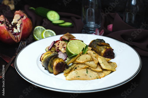 fried potato and stuffed fish roll