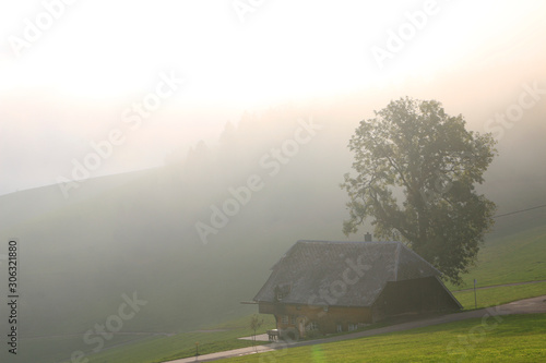 Traditional house in fog during a sunset