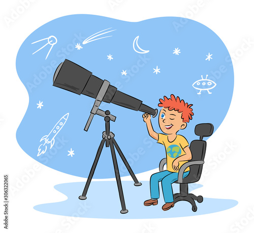 Photo Kids hobby and cute boy astronomer with telescope