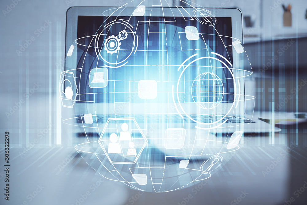 Computer on desktop with social network theme icon. Multi exposure. Concept of international connections. Computer on desktop with social network theme icon. Multi exposure. Concept of international connections.