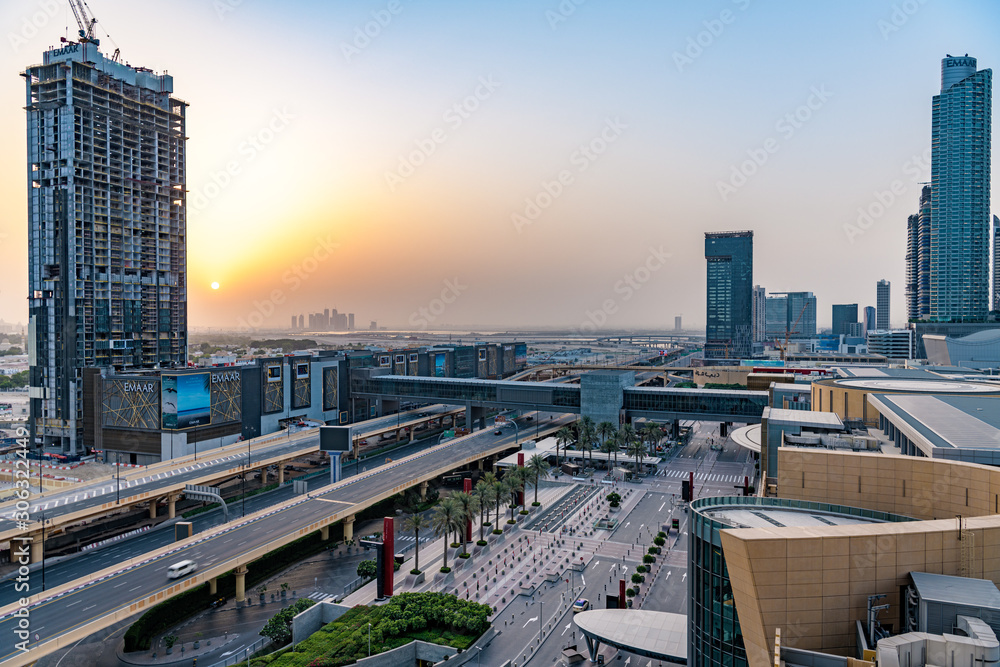 Downtown Dubai at the Dubai Mall in Dubai, United Arab Emirates at sunrise.