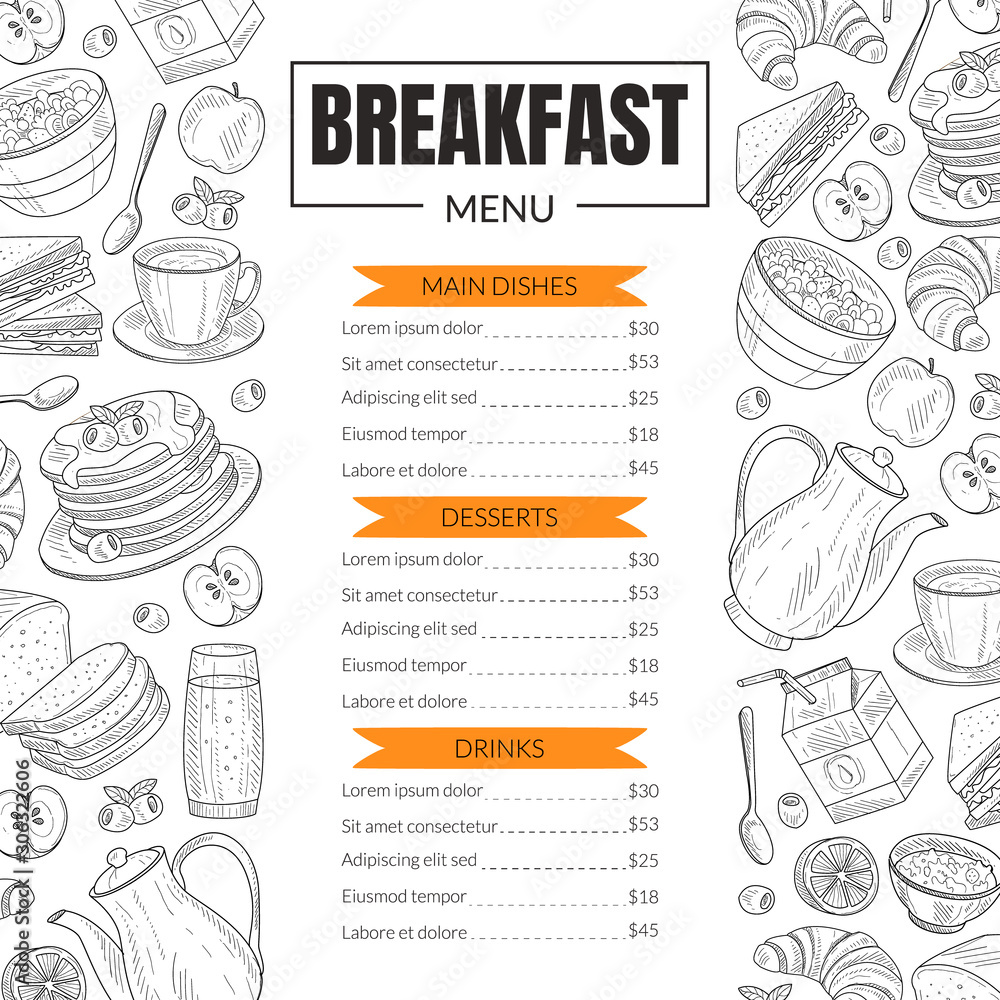 Breakfast Menu Template Design for Restaurant with Hand Drawn Food Items  Stock Vector | Adobe Stock