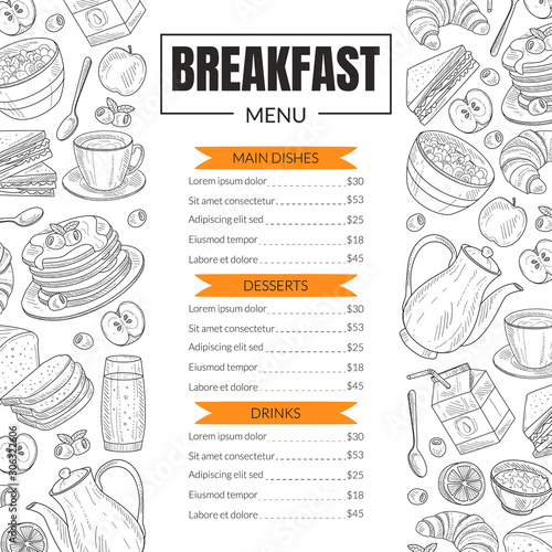 Breakfast Menu Template Design for Restaurant with Hand Drawn Food Items