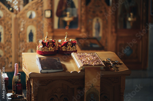 Obraz na płótnie Religious items prepared for a wedding ceremony inside a Christian Orthodox chur