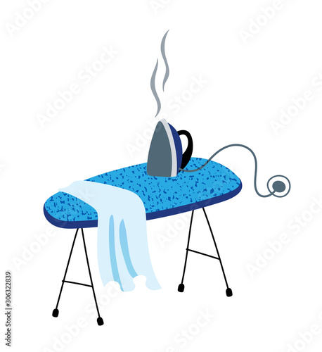 Hot flat iron on ironing board isolated on white
