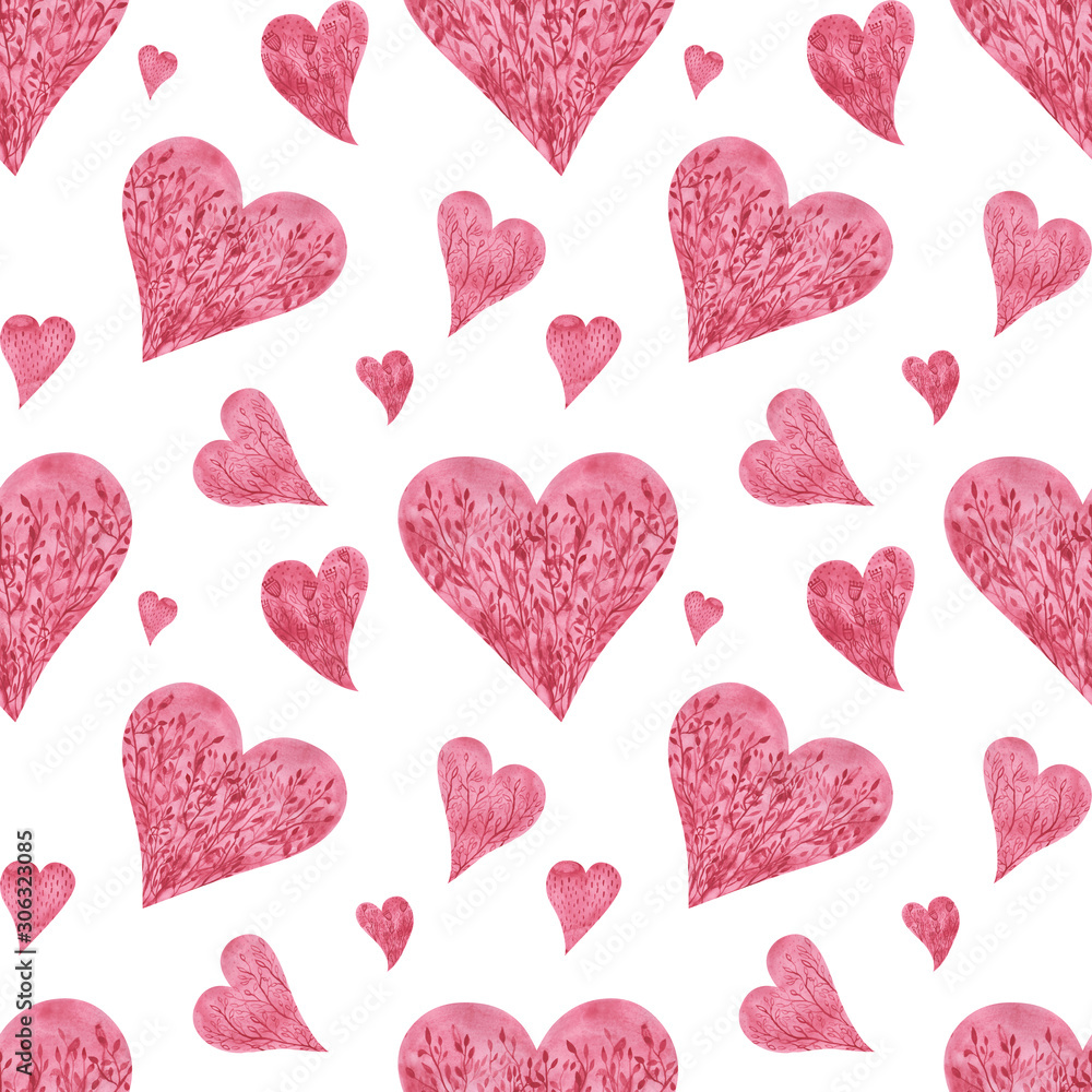 Pink watercolor hand drawn hearts seamless pattern on white background. Romantic endless print for Valentine's day, wedding and other holidays.