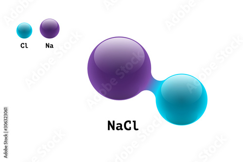Chemistry model salt molecule diatomic sodium chlorine NaCl scientific element formula. Integrated particles inorganic 3d molecular structure consisting. Two volume atom combination vector spheres