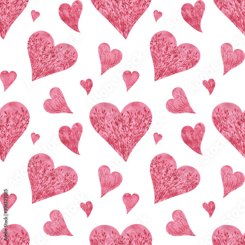 Pink watercolor hand drawn hearts seamless pattern on white background. Romantic endless print for Valentine s day  wedding and other holidays.