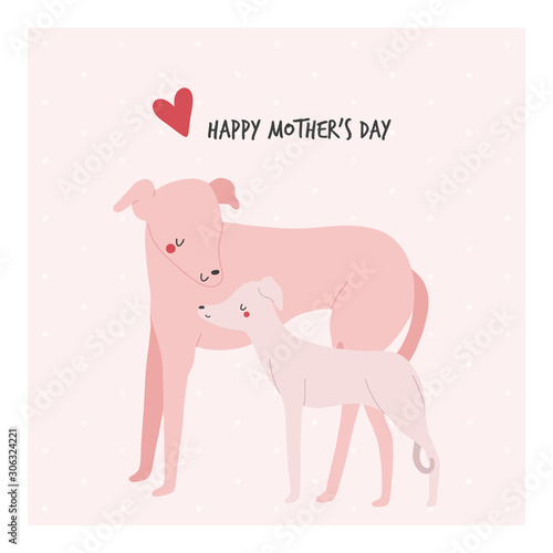Happy Mother s Day - beautiful vector illustration with two dogs in cartoon style. Cute greeting card design for Mom.