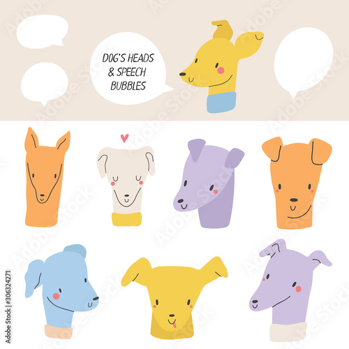 Set of hand drawn Dog's Heads and Speech bubbles. Vector collection - 8 different Pet heads on a white background.