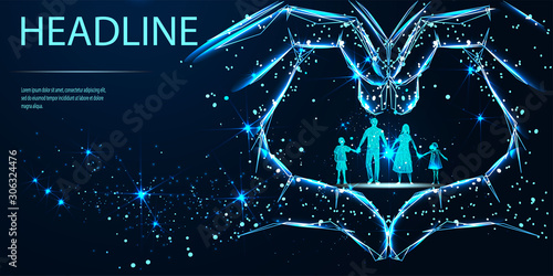 Hands showing heart symbol and Family. Vector low poly wireframe. Family Care And Protection. Insurance Concept. Headline