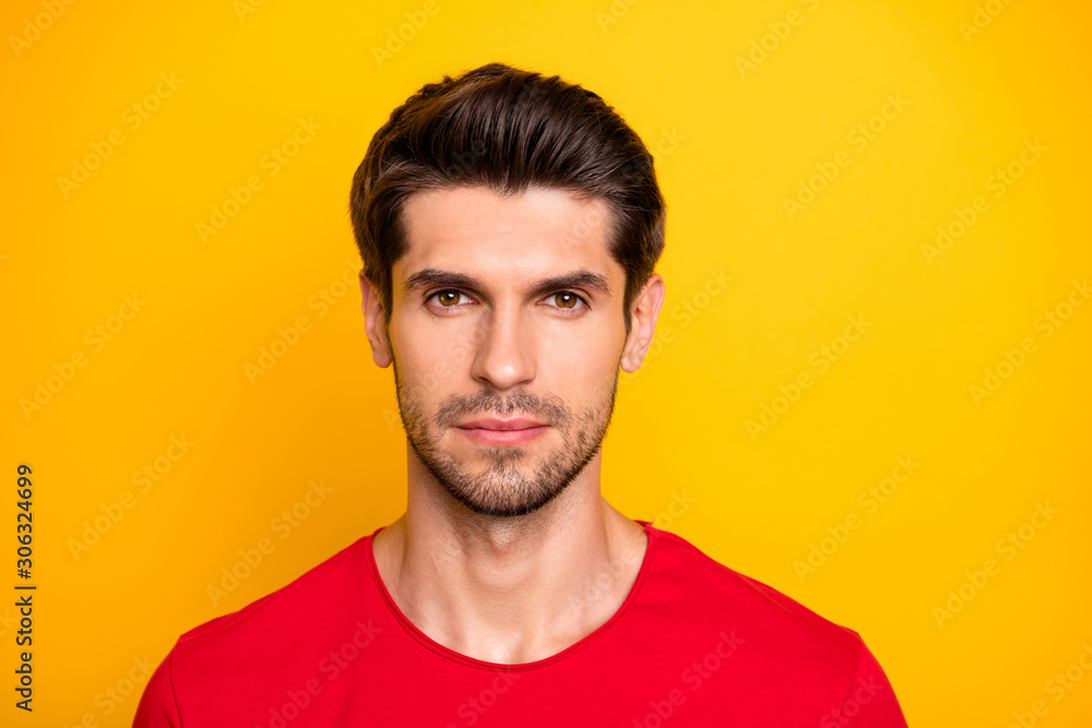 Fototapeta premium Close up photo of concentrated guy look in camera feel imagine he real work worker wear casual style millennial clothes isolated over bright color background
