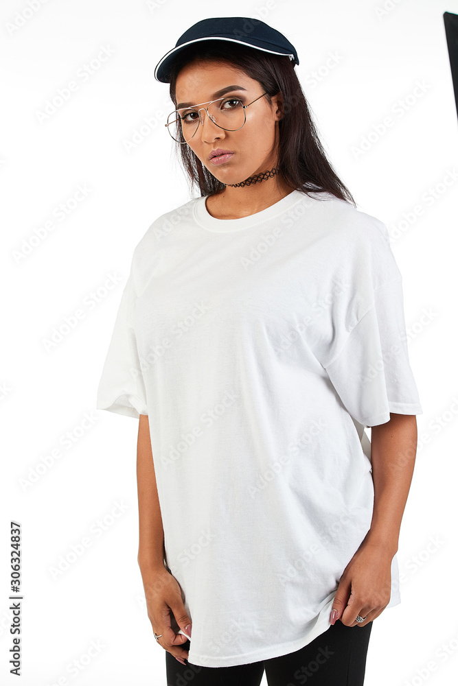Blank t-shirt mock-up - Cool streetwear fashion girl ready for your design Blank t-shirt mock-up - Cool streetwear fashion girl ready for your design