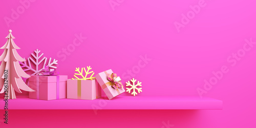 Happy New Year or winter banner design creative concept, rack or shelf, gift box, snow icon, pine, spruce, fir,  on pink background. Copy space text area, flat lay. 3D rendering illustration. © sofirinaja