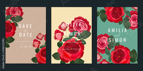 luxury Wedding invitation card with red rose at vintage style.