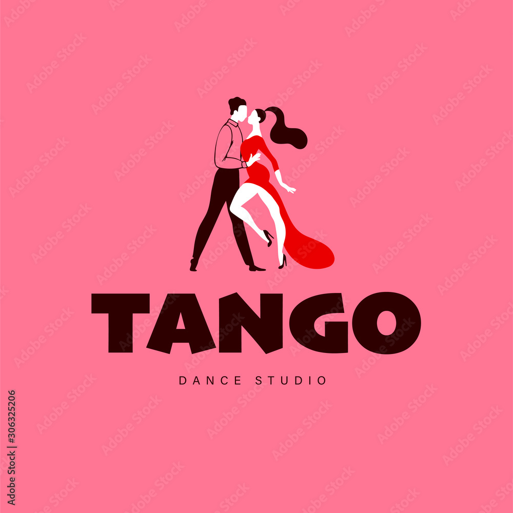 Tango dance studio, lessons and workshop logo, emblem design template with dancing man and woman couple. Flat style, vector illustration. - obrazy, fototapety, plakaty 