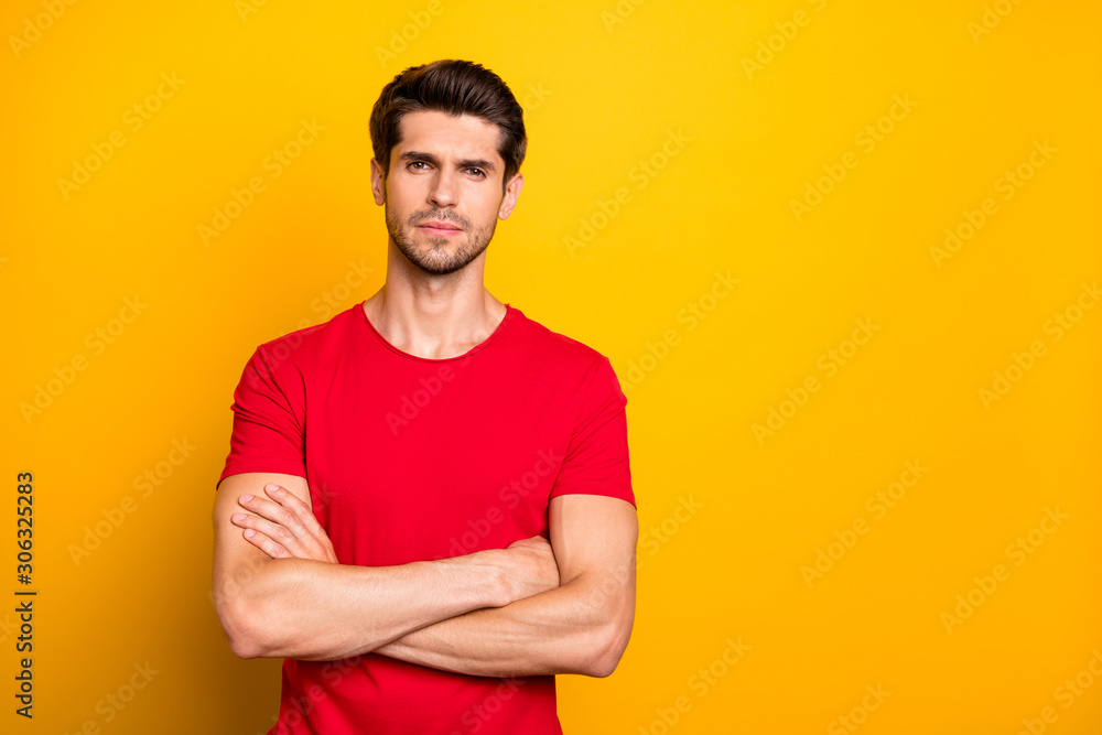 Portrait of serious focused start-up worker man cross hands ready decide decisions solution wear casual style clothing isolated over vibrant color background Portrait of serious focused start-up worker man cross hands ready decide decisions solution wear casual style clothing isolated over vibrant color background
