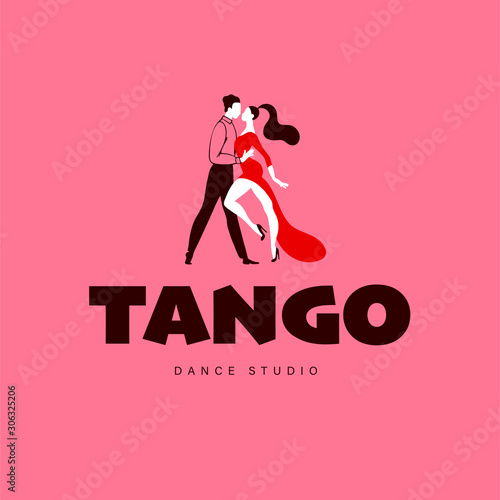 Tango dance studio, lessons and workshop logo, emblem design template with dancing man and woman couple. Flat style, vector illustration.